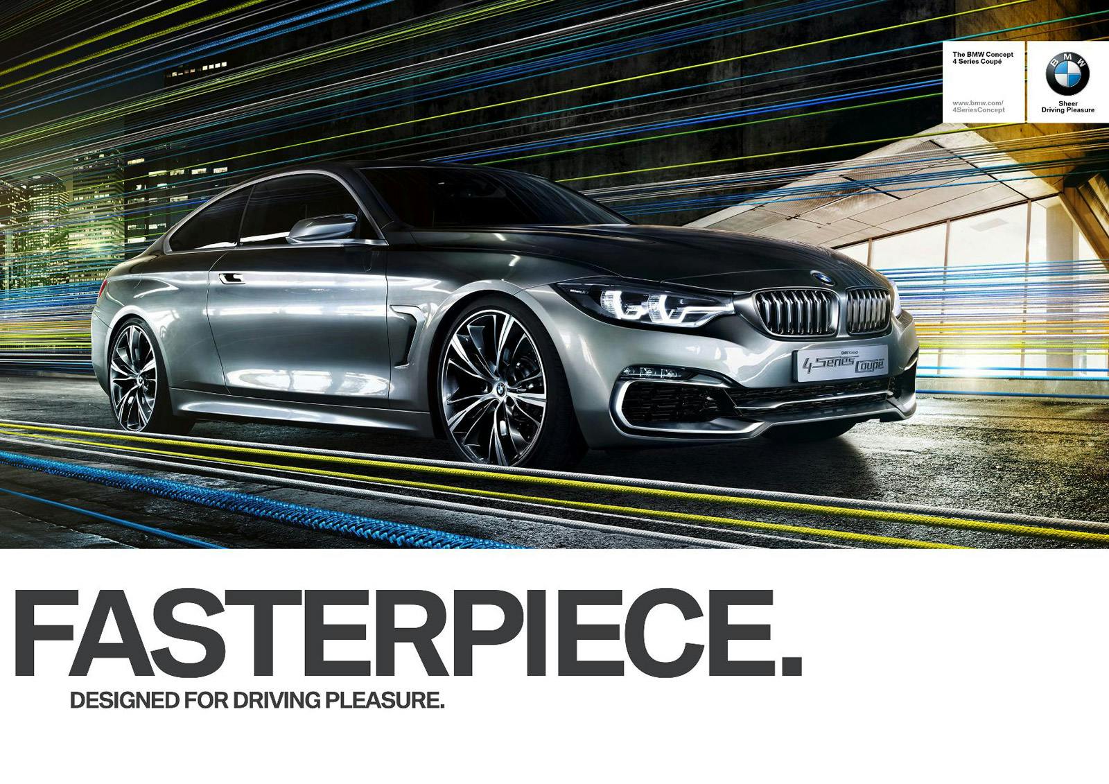 A poster with a BMW car and the 'Fasterpiece' and 'Sheer Driving Pleasure' slogans.